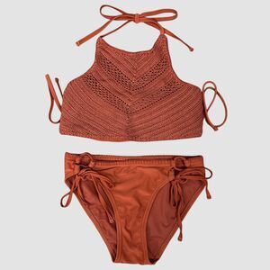 Xhilaration Sienna Crochet High Neck Bikini Set Top M Bottom XS Rust Terracotta